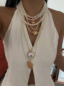 Collar de joyería con cuentas en capas y forma de corazón de estilo vintage europeo y americano - Dorado - Ver 4