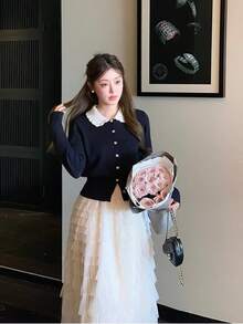 Cute Contrast Color Rejuvenating, Valentine's Day, Peter Pan Collar Knit Cardigan For Women, Winter/Spring - Navy Blue - View 4