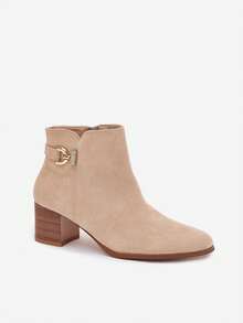 Damen Isolierte Knöchelstiefel mit Blockabsatz, goldene Details, synthetischer Wildleder, bequem und warm für den Winter, Renora Beige Schwarz - Beige - Übersicht 3
