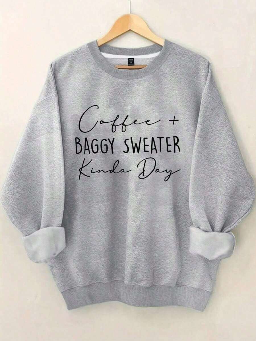 Plus Size Women's Letter Printed Hot Round Neck Sweatshirt Fall Clothing For Women Winter Autumn Comfortable Cotton Women's Autumn Apparel - 淺灰色 - 查看 1