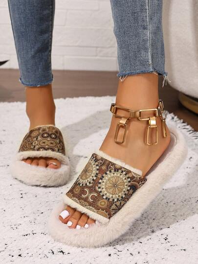 Fall/Winter Random Print Pattern Bohemian Style Comfortable Versatile Women Home Slippers,Furry Shoes