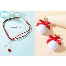 Christmas Jewelry Set Wine Red Choker Heart Pendant Necklace And Red Bow White Ball Dangle Earrings