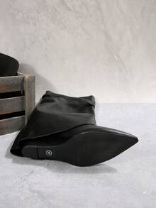 2025秋季新款法式尖头高筒女靴，修身直筒靴，坡跟骑马靴，及膝长靴 - 黑色 - 查看 6