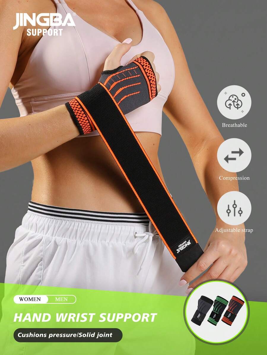 JINGBA SUPPORT 1pc Breathable Knitted Wrist Sleeve - Adjustable Hand Protection, Suitable For Weightlifting, Cycling And Various Sports, Unisex - Orange - View 1