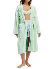 Womens Plush Soft Robe Long Sleeve Belted Striped Bathrobe With 2 Pockets For Spa, Pool - 綠松石色 - 查看 5