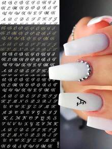 4-Colors Letter Nail Stickers, 4 Sheets Old English Letter Nail Decals 3D Self-Adhesive Gold Silver Black White Retro English Pattern Old Alphabet Cursive Nail Design Manicure Nail Accessories For Women Girls (10X8cmSheet )