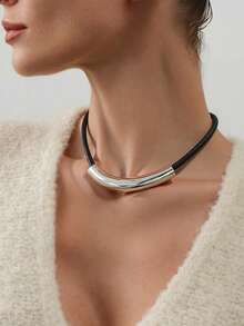 1pc Women's Geometric Asymmetrical Smooth Cylindrical Beaded Black Cord Choker Necklace, Versatile For Daily Wear, Festivals And Parties, Women's Jewelry - Silver+Black - View 2