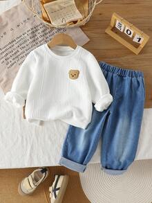 2 件套男童秋季运动衫套装，可爱熊图案圆领长袖上衣和蓝色牛仔长裤 - 白色 - 查看 1