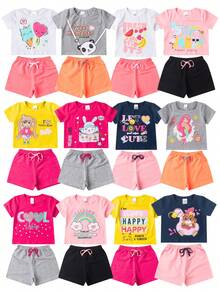 10 Piece Clothing Kit For Girls, Teens, And Women Summer Sizes 1 To 16: 5 Cropped T-Shirts/Blouses + 5 Bermuda Shorts/Shorts For Kids, Ready For Delivery, Feminine, Fun Prints With Shine - 彩色 - 查看 1