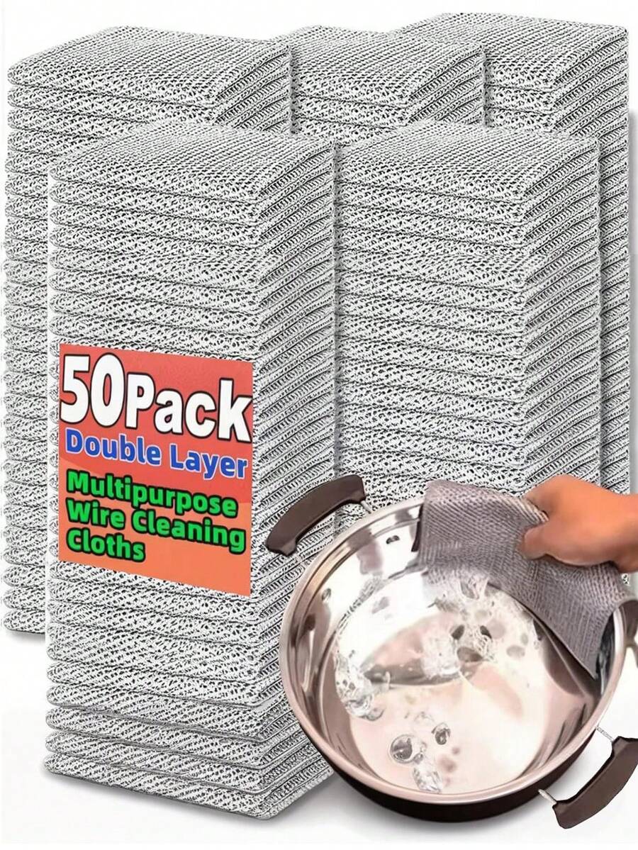 5/10/20/30/50 قطعة من أقمشة التنظيف السلكية المعدنية الفضية ذات الطبقتين، مناشف غسيل الأواني والأطباق والمقالي، قماش لا يلتصق به الزيت للمطبخ
