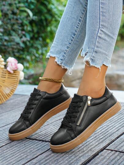 Zapatos deportivos casuales negros para mujer, clásicos con cordones y cremallera lateral, suela amarilla simple, cómodos tenis casuales para exteriores