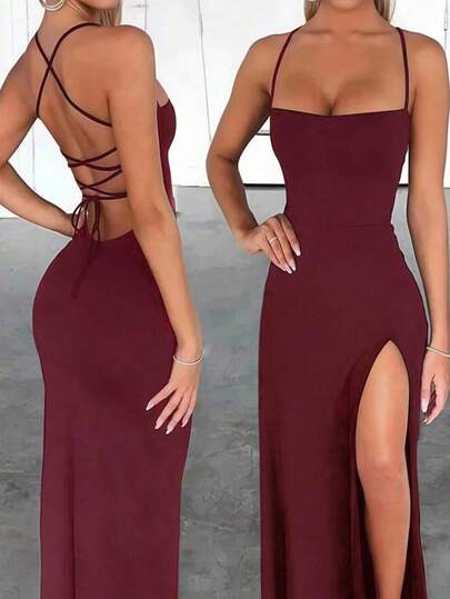 Dresses Solid Color Spaghetti Strap Large Backless Hip Pleats Large Slits Hip-Covering Sexy Sleeveless Party Dress,Back To School Elegant