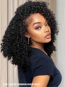 3 IN 1 Half Wig Kinky Curly Human Hair 200 Density Glueless Wear And Go Headband Wig Afro Curly Flip Over Quick Weave Glueless Install 100% Natural Hairline Beginner Friendly Half Human Hair Wig For Women