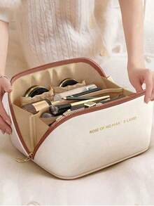 1pc PU Leather Waterproof Makeup Bag, Cosmetic Organizer Pouch, Lightweight Toiletry Bag, Waterproof PU Skincare Bag, Large Capacity Double Layer Makeup Bag With Compartments, Cosmetic Travel Bag