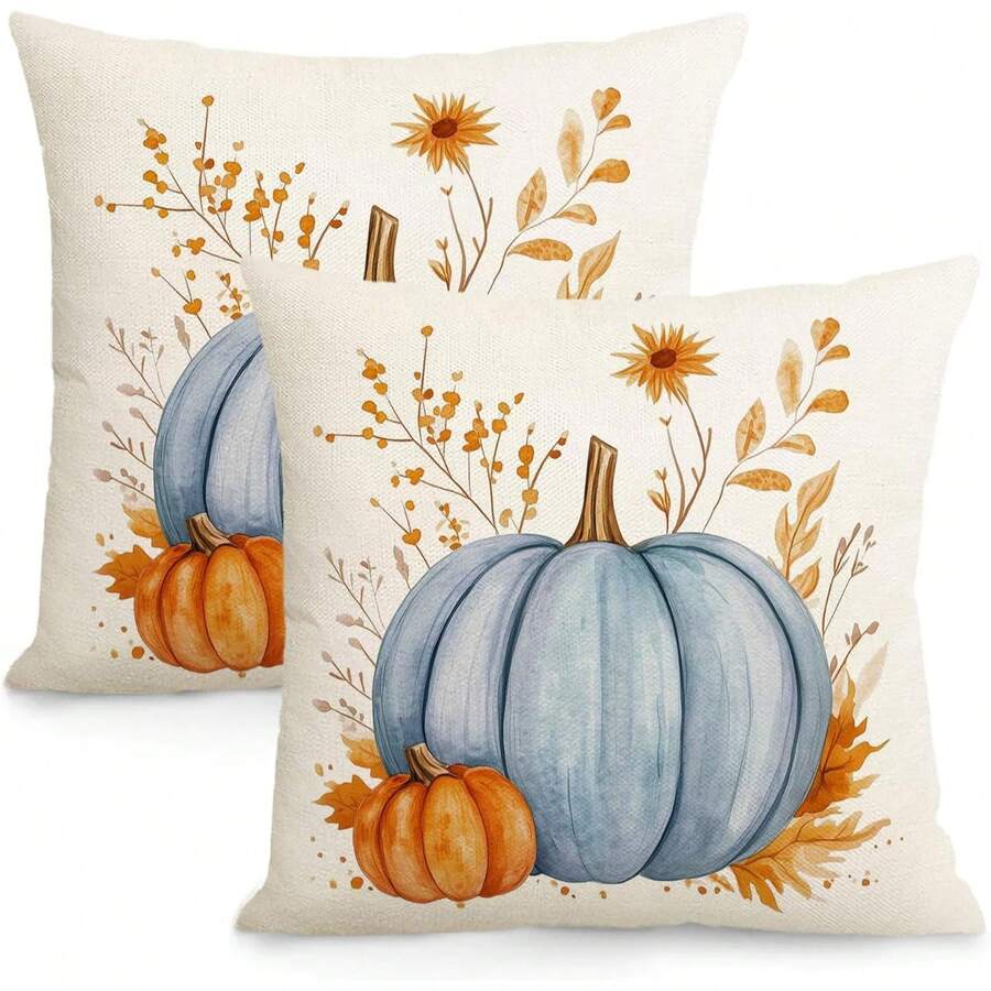 2 件秋季枕套，秋季主题蓝色南瓜叶装饰户外抱枕套，农舍靠垫沙发感恩节家居装饰。