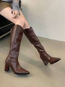 棕色复古尖头过膝长靴，秋冬时尚 V 型高跟靴，后拉链，粗跟百搭过膝马靴 - 棕色 - 查看 4
