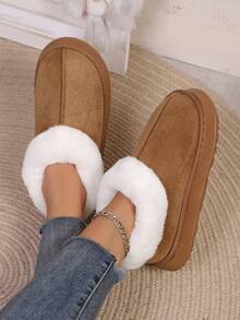 Autumn/Winter Fashion Casual Solid Color Plush Lining Patchwork Slip-On Slippers, Thick Sole Warm Boots For Women, Suitable For Living Room, Bedroom, Office, Black, Christmas