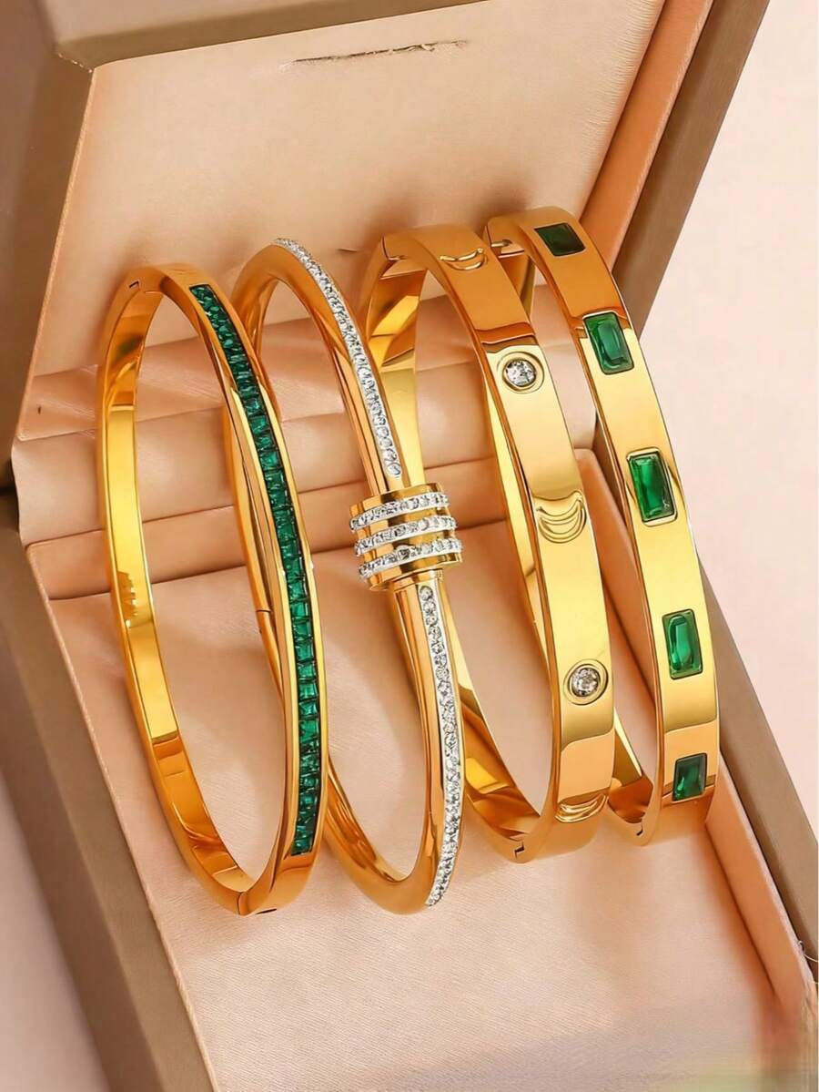 4/1pc Women's Fashion Gold Waist Bracelet, Green Square Diamond, Gold Crescent Moon Bracelet, Gold Egg-Shaped Open Bracelet Inlaid With 18K Gold Zirconia, Luxury Stackable Bracelets, Birthday, New Year, Valentine's Day Gift, Matching Jewelry For Girlfriend, Couple, No Gift Box