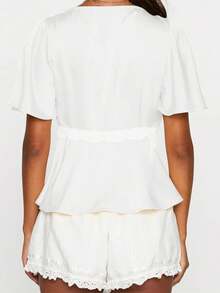 Women Lace Trim Tops  V Neck Split Short Sleeve Ruffle Shirts Casual Summer Streetwear - trắng - Xem 2