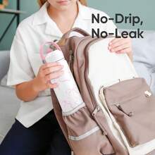 1pc Insulated Water Bottle With Straw, Leak-Proof, Cup Holder, Stainless Steel With Flip Cap Straw And Handle, Reusable, Metallic, Suitable For Travel, Gym And School (Breeze Pink Bow) - Multicolor - View 7