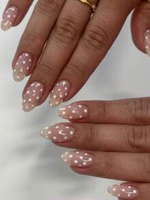 24片杏仁形白色波点美甲贴纸，极简美甲套装（包含：1片果冻胶，1把指甲锉），适合女性日常约会和聚会 - 彩色 - 查看 1