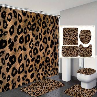 1pc/4pcs Brown Leopard Print Shower Curtain Set, Beast Leopard Wildlife Zoo Animal Black Leopard Skin Pattern Modern Art Waterproof Shower Curtain, Non-Slip Bathroom Floor Mat, Toilet U-Shaped Mat, Toilet Seat Cover Mat, Shower Decoration AccessoriesChristmas Decor