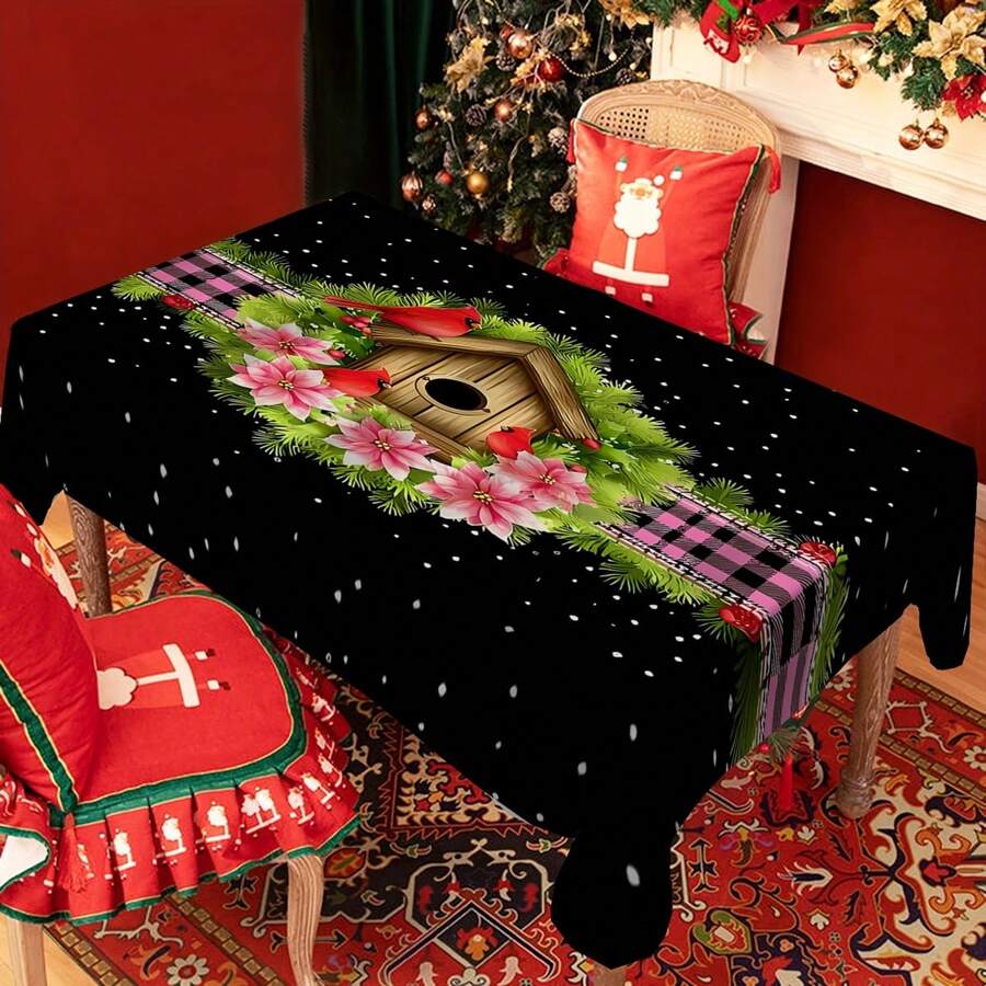 1/20 pièces Nappe de Noël, nappe de fond noir luxueuse avec motif de points rouges d'oiseaux, décoration d'ambiance de Noël, mise en place vibrante de table à manger, convient pour la cuisine, la table à manger, les fêtes, les pique-niques et les dîners en plein air