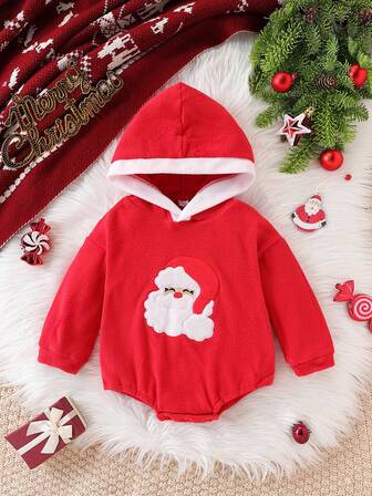 ชุดบอดี้สูทคริสต์มาสสำหรับทารก, บอดี้สูทมีฮู้ดปักลายซานตาคลอสแขนยาว