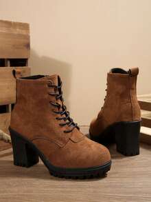 Botas de Tornozelo de Salto Alto Marrom Femininas, Botas de Plataforma Impermeáveis de Bico Redondo na Moda com Salto Grosso, Botas Curtas Versáteis de Inverno/Outono Novas com Zíper Lateral Marrom e Botas de Tornozelo, Botas Curtas de Salto Alto de Cor Sólida, Botas de Vestido de Salto Alto, Botas Curtas Femininas com Cadarço na Frente