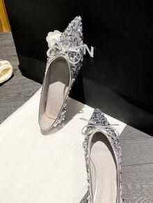 zuandashu 0.5码可爱优雅银色亮片平底芭蕾舞鞋，尖头蝴蝶结套脚休闲乐福鞋，舒适工作鞋，适合34-43码女性，春、夏、秋季百搭 - 銀色 - 查看 6