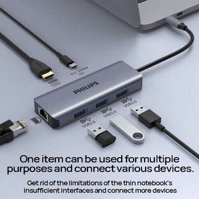 PHILIPS 擴充座SWR1602D/93 type-c擴充座 macbook拓展座 適用華為蘋果電腦多功能轉接頭 太空灰