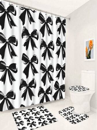 1 Set 1/4 Black & White Bow Pattern Waterproof Shower Curtain, Includes 12 Hooks, Non-Slip Bath Mat, U-Shaped Toilet Seat Cover, Machine Washable, Artistic Design, Suitable For All Seasons, Valentine's Day Shower Curtain, Bathroom Decor Christmas Decor