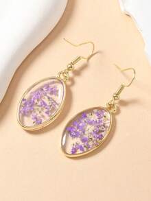 1 Pair Boho Style Dried Flower, Asymmetrical Shaped, Multicolor Beads Decor Minimalist Earrings For Women, Suitable For Daily Wear - Purple - View 2