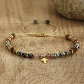 Pulsera ajustable de estilo boho chic con cuentas de piedras preciosas naturales y colgante de cruz dorada - Cuentas de piedras de colores, cordón trenzado, estilo vintage, regalo perfecto de Pascua para mujeres