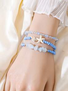 12pcs/Set Starfish, Shell, Sea Turtle Braided Bracelets, Travel & Holiday Accessories For Women - Blue - View 12