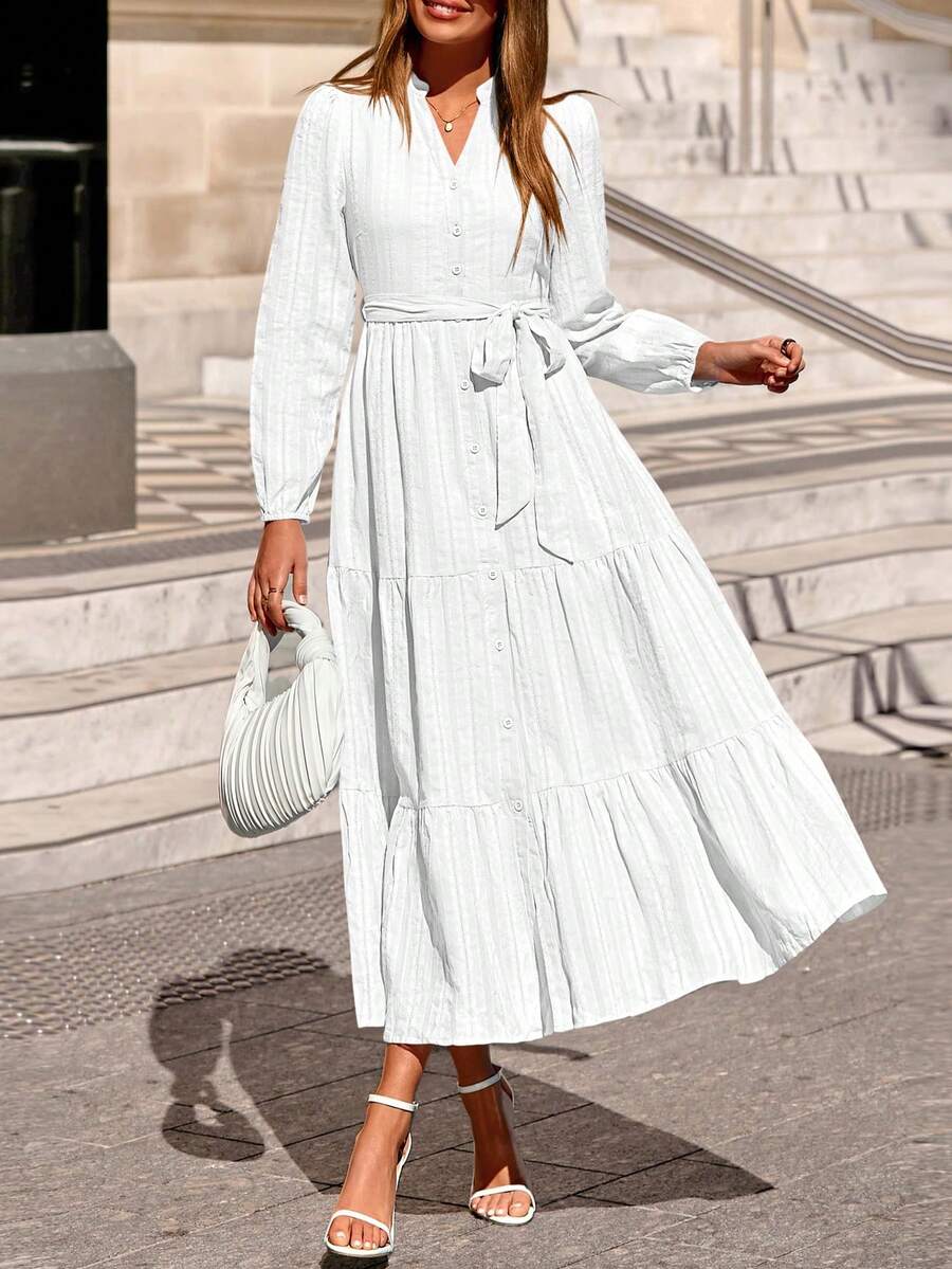 Womens Fall Maxi Dresses Casual Long Sleeve V Neck Button Down Flowy A Line Tiered Shirt Dress With Pockets - trắng - Xem 1