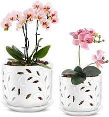 KF-Plant AccessoriesOrchid Pot With Holes, 5+6Inch Ceramic Plant Pots With Drainage Holes And Tray, Promoting Air Circulation And Drainage, Indoor/Outdoor White Flower Potsplant Garden - Green - View 7