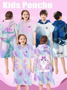 1 Piece Microfiber Hooded Towel Robe For Kids, Zip Up Swim Beach Cover Up For Girls Boys, Cute Mermaid, Cat, Manta Ray Patterns, Surf Poncho Changing Bath Towel