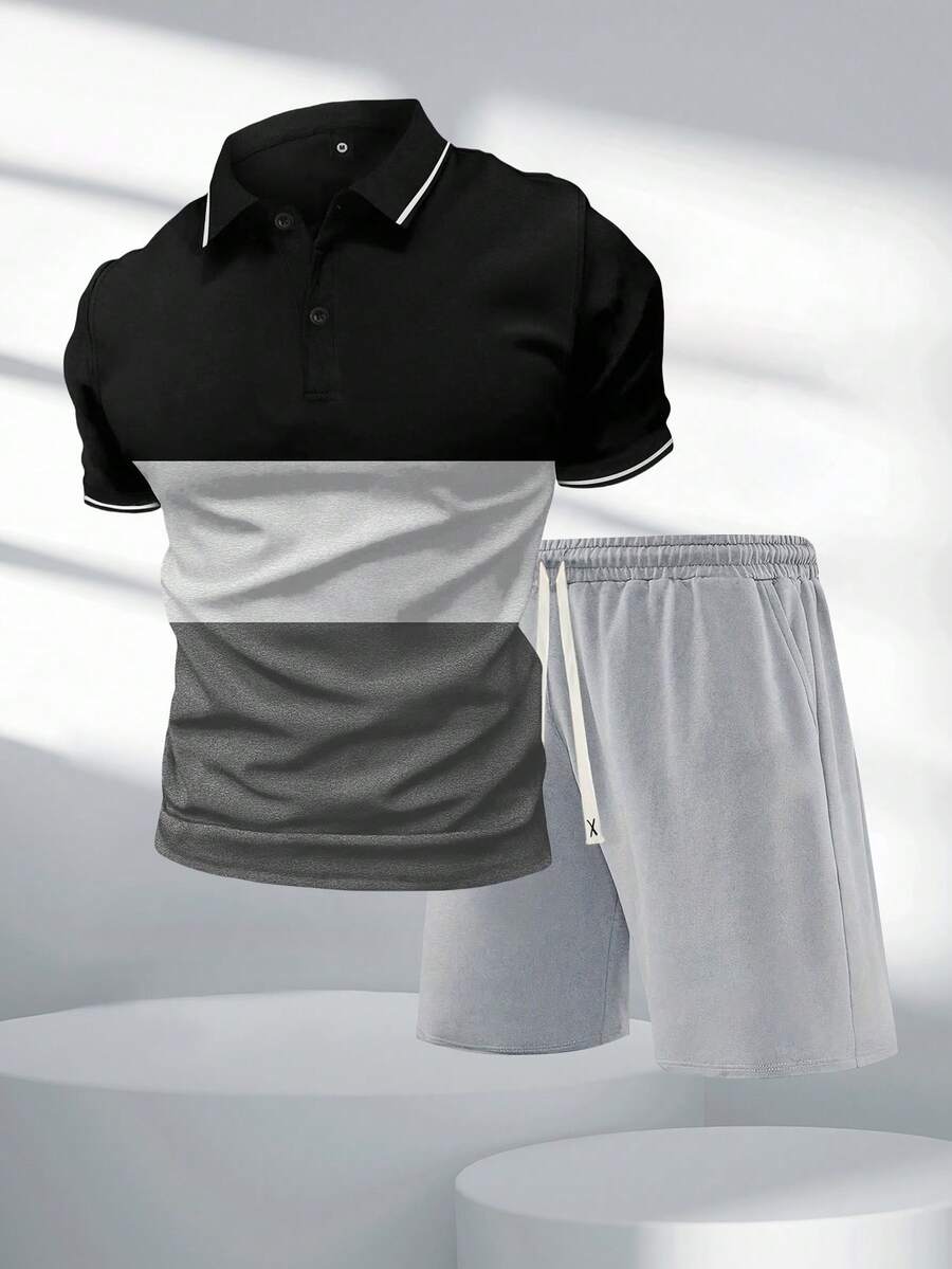 Set de cămașă polo și pantaloni scurți pentru bărbați, cu mânecă scurtă, în dungi, cu mâneci scurte, pentru vacanță la plajă, ținute sport casual, cu guler, buzunare, pantaloni cu șnur, golf, pescuit, baschet, cadou de sală pentru iubit, soț