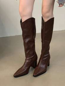 棕色复古尖头过膝长靴，秋冬时尚 V 型高跟靴，后拉链，粗跟百搭过膝马靴 - 棕色 - 查看 1
