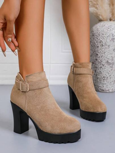 Botines de mujer con suela gruesa de gamuza, tacón ancho, cremallera lateral, punta redonda, decoración con hebilla, de moda y cómodos (Recordatorio amistoso: los zapatos son pequeños, por favor pida el tamaño adecuado), tacones de plataforma