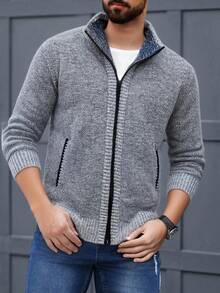 Men's Sports Cardigan Knit Sweater, Casual Fashion Minimalist, Zipper Design, Small Stand Collar, Thickened Style, Autumn/Winter - Blue - View 6
