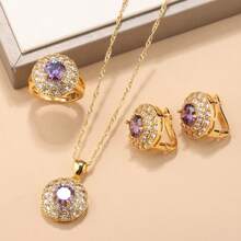 18K Gold Plated Luxury Vintage Fashion Jewelry Set, Including Round Earrings, Necklace, Adjustable Ring, Suitable For Wedding, Christmas, Thanksgiving, Halloween, Valentine's Day, Birthday Gift
