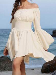Womens Renaissance Costume Dress Off Shoulder Bell Sleeve Medieval Vintage Halloween Gothic Solid Dresses - Ngà voi - Xem 2