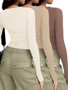 3pcs/Set Women Crew Neck Long Sleeve Solid Color T-Shirts, Slim Fit Casual Pullover Tops Spring - Light Apricot Khaki - View 2