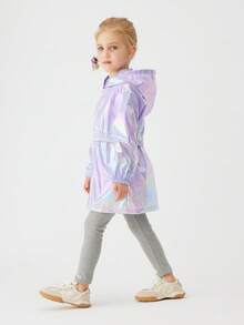 1 pieza Chaqueta casual con capucha iridiscente para niña, primavera/otoño, chaqueta bomber de longitud media unisex de moda, prenda exterior versátil