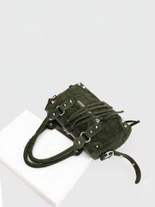 1件绿色拼接铆钉金属流苏拉链装饰复古PU材质腰带可调节长肩带拉链闭合时尚复古甜美酷炫朋克风摩托车包，Y2K风格方形手提包，休闲低调奢华风女士斜挎包，可装手机、卡包及日常旅行/购物用品 - 綠色 - 查看 2