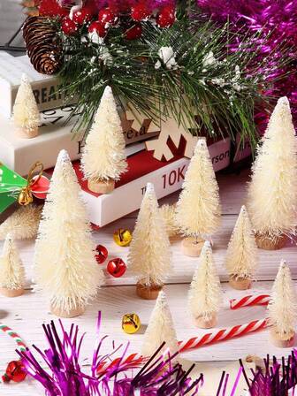 12pcs Mini Christmas Trees With Wooden Base, Winter Tabletop Decorations, Christmas Gifts, Wedding Decorations, Outdoor Garden Party Decorations, Holiday Decorations, Home Decorations, Photography Props, Dessert Bakery Decorations, Cake Decorations, Thanksgiving Party Decorations