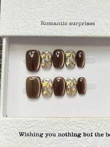 10 piezas de uñas postizas cuadradas hechas a mano, uñas marrones deslumbrantes con efecto de ojo de gato, con gemas de diamante y piedras en forma de estrella incrustadas, con polvo brillante, de estilo lujoso y elegante, adecuadas para fiestas, uso diario y citas, aptas para vacaciones en la playa y tropicales, reutilizables, como regalo para mujeres y niñas, suministros de uñas - Marrón - Ver 7