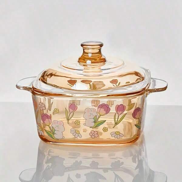 Senmeo Amber Glass Bowl, Floral Square Design, Heat-Resistant, Microwave & Oven Compatible, Reusable Lid, Perfect For Noodles/Soup/Salad/Dessert, Stylish Decorative Kitchenware, Must-Have For Home Cooking, Ideal Gift For Cooking Lovers